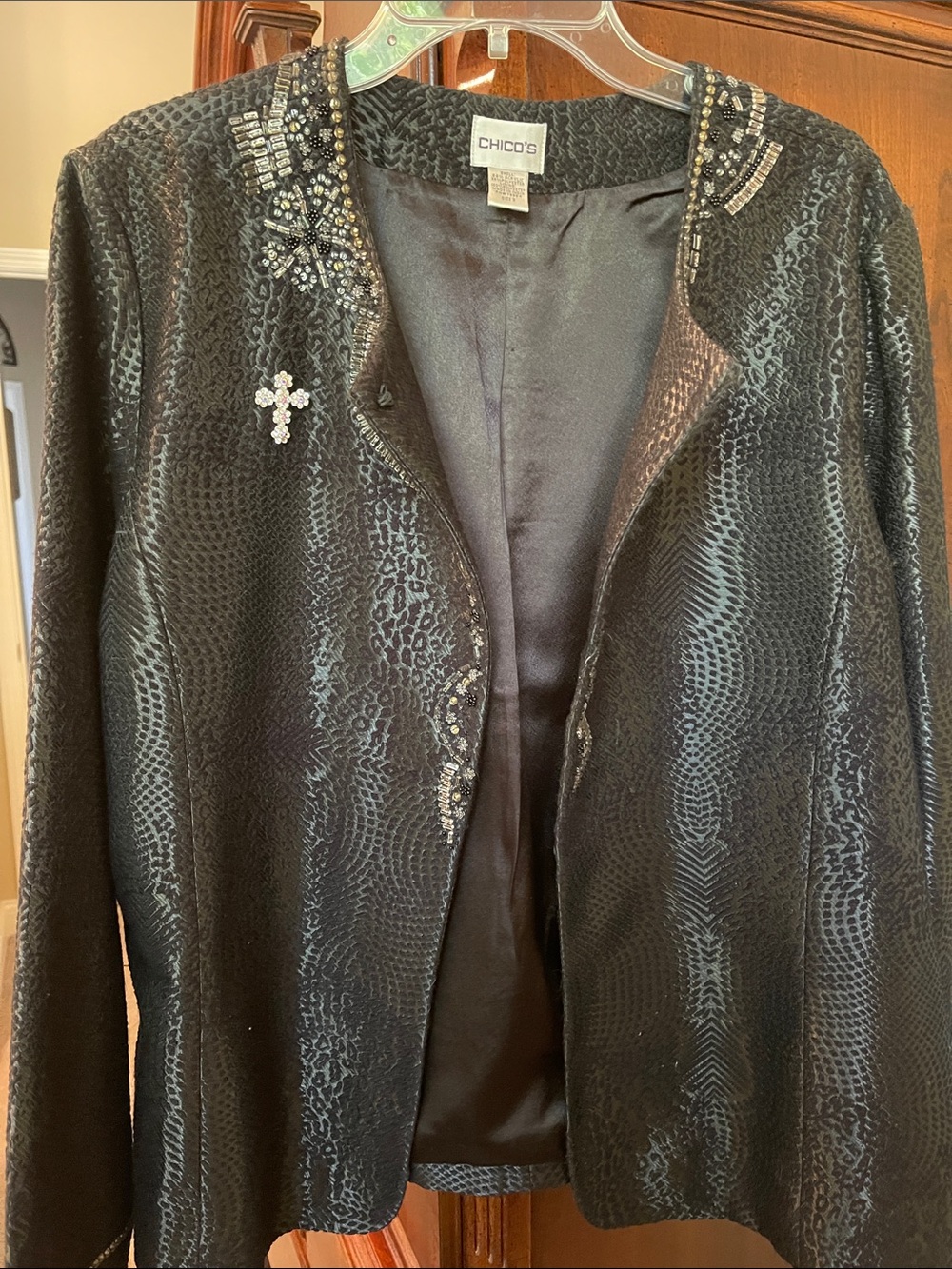Chico's Black Beaded Textured Evening Blazer
